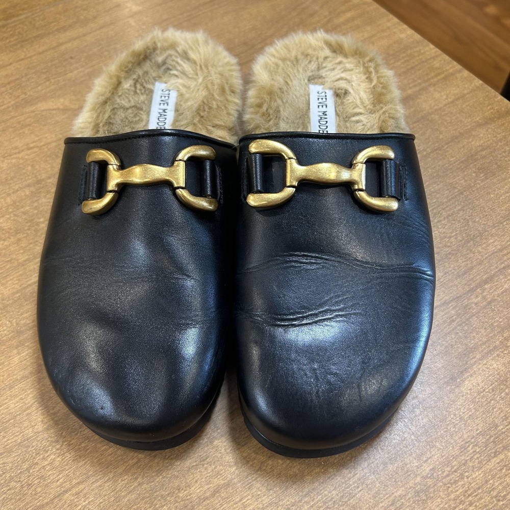Steve Madden Shoes Womens Size 9.5 Black Leather Mule‎ Slippers Faux Fur Buckle